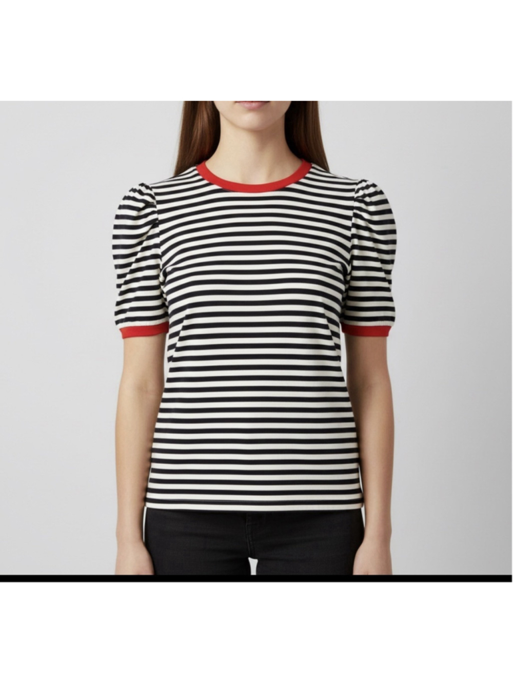 Pretty Garden striped top with red trim and ruched sleeves. Size M